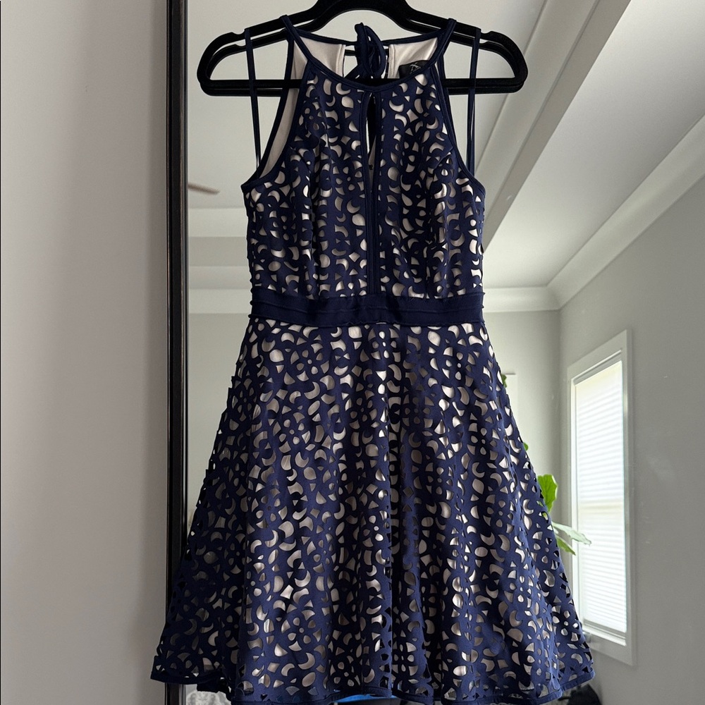 X by xscape laser cut Blue Lace Dress